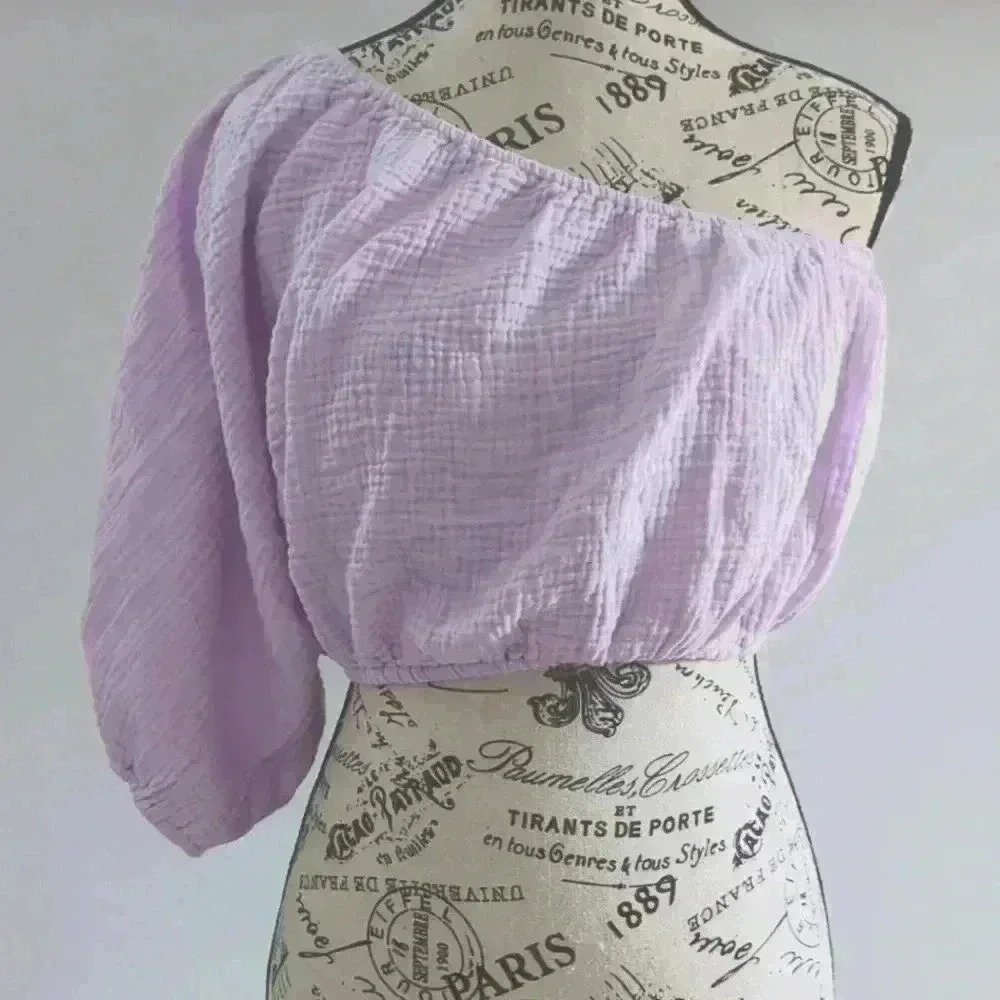 DKNY | Women's Lilac Mist One Shoulder Woven Cotton Cropped Top
